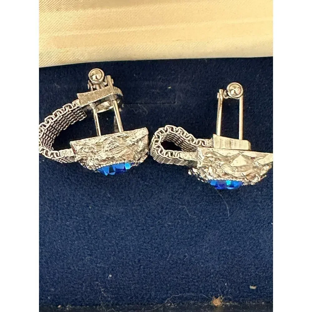 Vintage Swank Wrap Around Cufflinks Silver Tone Blue Glass Stone